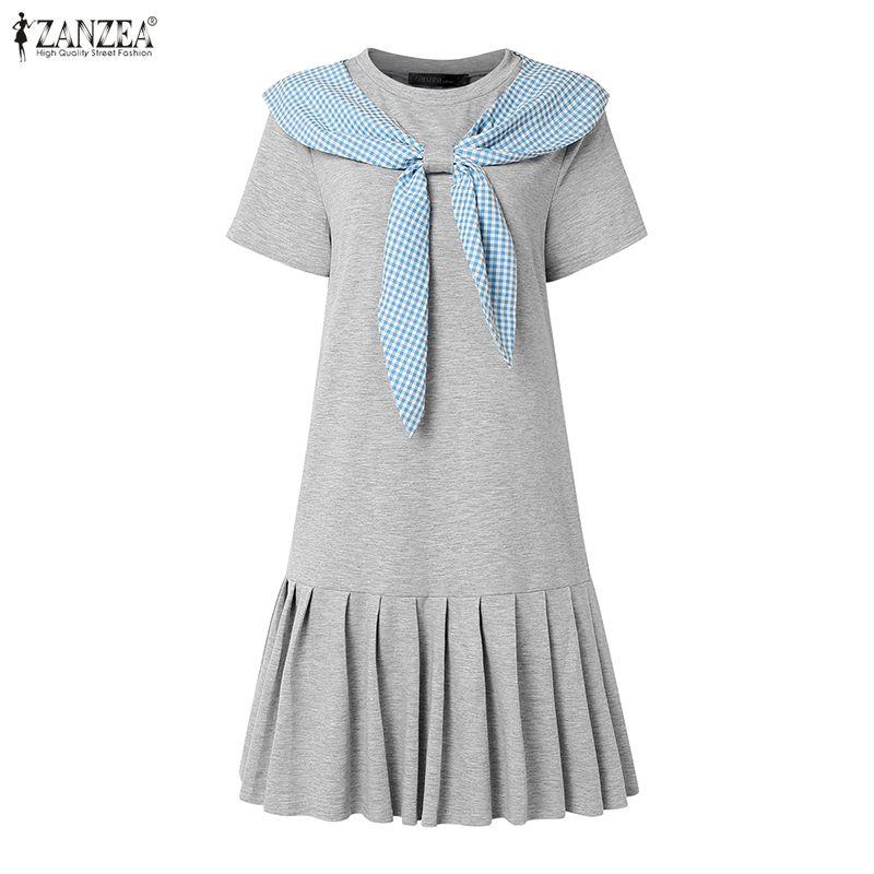 ZANZEA Women Casual Plaid Splice Round Neck Summer Short Sleeve Dress