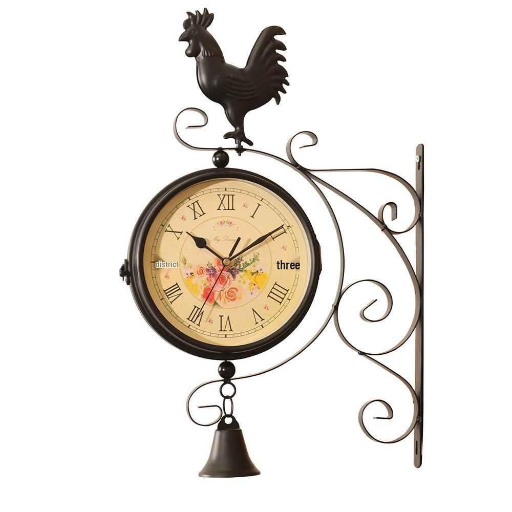 European Double-Sided Silent Rooster Wall Clock - Wrought Iron Living Room Décor