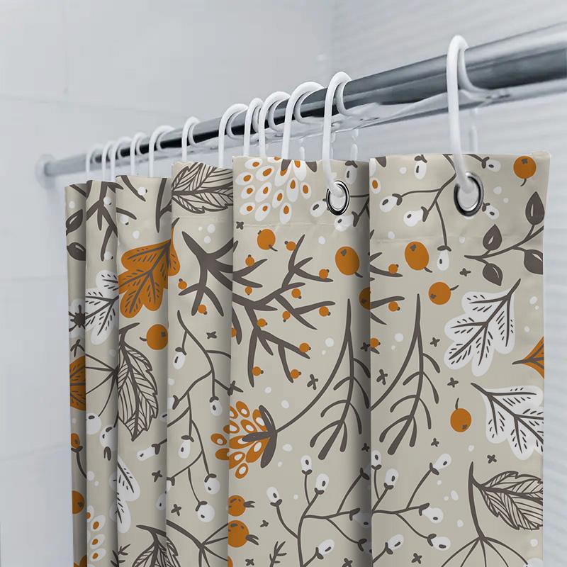 Natural Fall Leaves Shower Curtain Bathroom Decor, Autumn Style, Black White Floral Print Waterproof Fabric Decorative Liner for