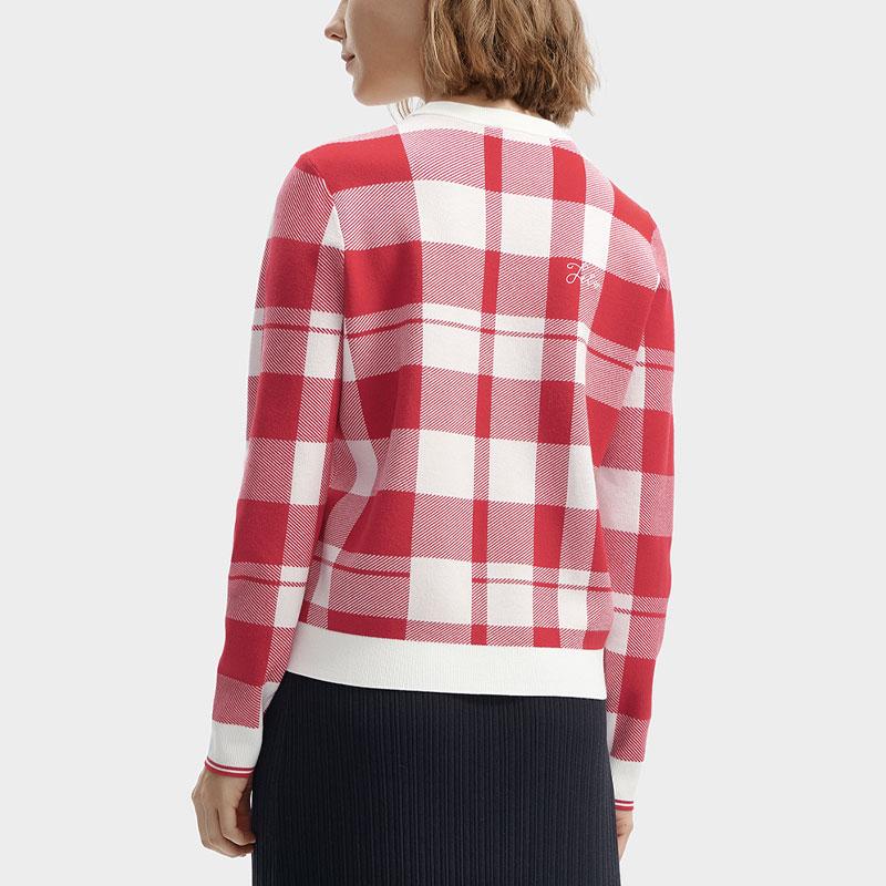 FILA Fleece Plaid Round Neck Casual Pullover Long Sleeve Knit Sweater Women sweater Light-Raspberry F11W411412F-RD