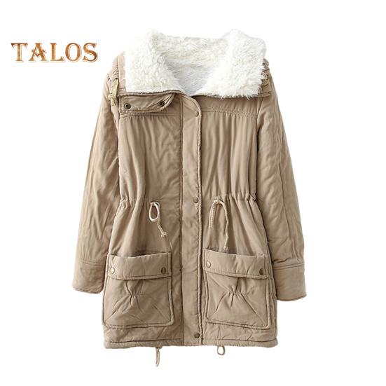 Winter Women Jacket Thickened Plush Turn-down Collar Long Sleeves Elastic Waist Pockets Zipper Closure Coat Mid Length Windproof Warm Coat