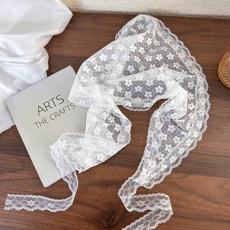 Summer Lace Headscarf Women Flower Embroidered Triangle Scarf Hair Band Sweet White Turban Headband Headwarp Hair Accessories
