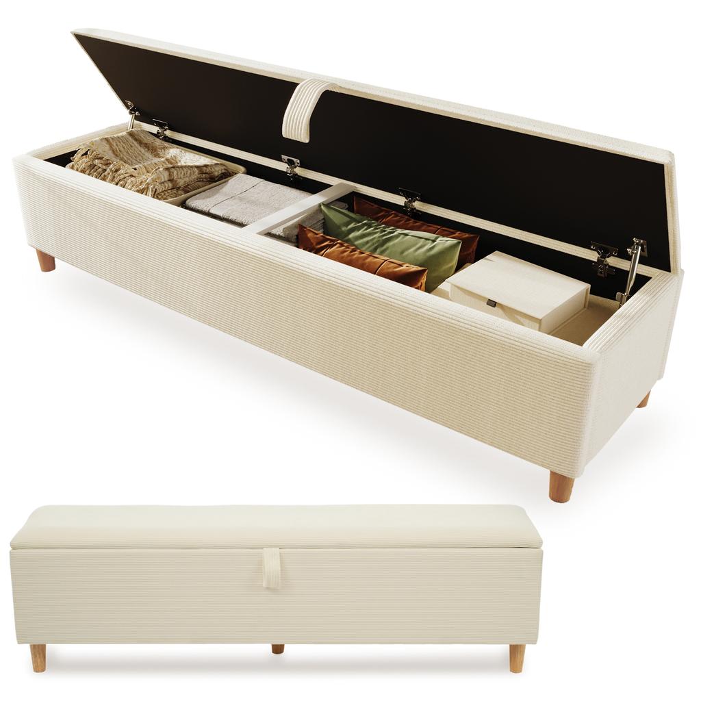 Banc de lit avec rangement, 145 x 38 cm, Banc rembourré avec rangement hydraulique, Coffre de rangement, Chambre à coucher, Salon et Couloir, Aspect velours côtelé beige.