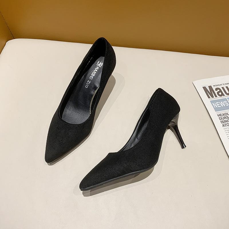 Fashion Spring and Autumn New Black Suede High Heels Female Shallow Mouth Pointed Toe Thin Heeled Sexy Temperament Dress Single Shoes
