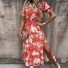 Womens Boho V-Neck Floral Midi Dress Summer Short Sleeve Beach Party Sundress