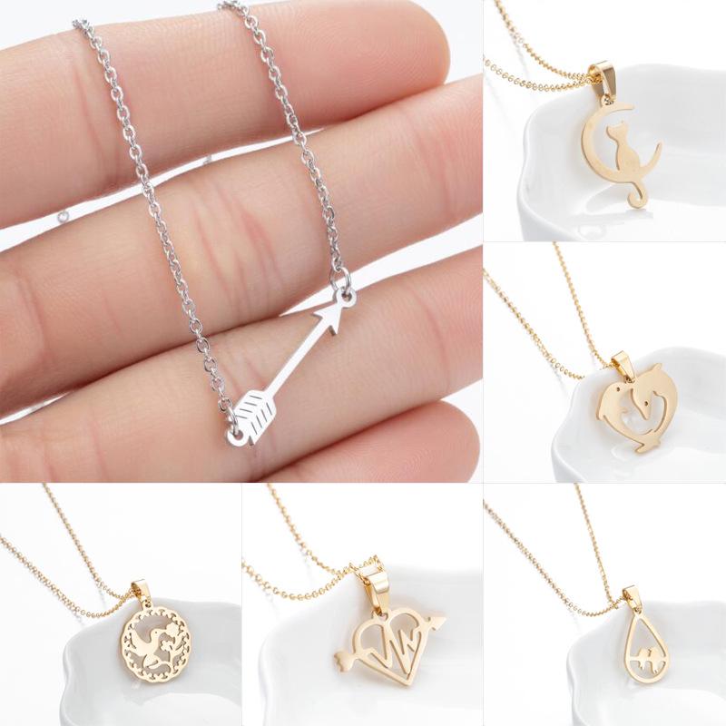 European & American Stainless Steel Necklace: Arrow, Water Drop, Moon Cat, Heart Pendant for Women - Elegant Sweater Chain