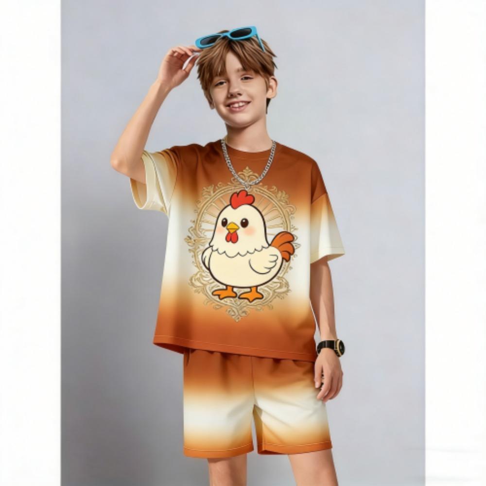 Kids Set Anime Cartoon Chicken Printed Kids T-shirt and Shorts 2 Piece Set Summer Casual Outdoor Boys and Girls Outfit Kids Clothing