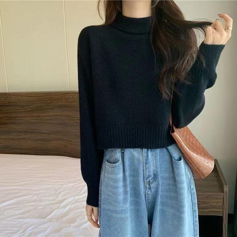 Korean-style Solid-color Sweater for Women In Autumn and Winter Half Turtleneck Pullover with Long-sleeved Knitted Sweater