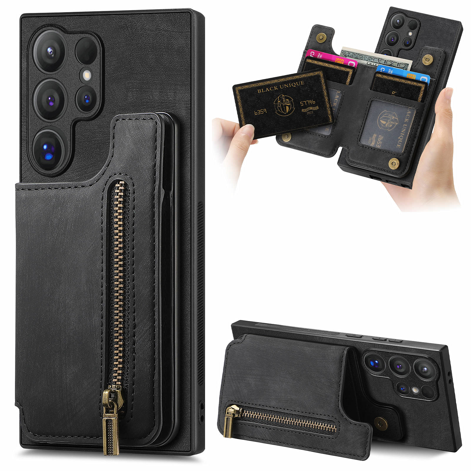 

For Samsung Galaxy S25 Ultra Case with Zipper Card Holder Retro Leather TPU Phone Cover Black