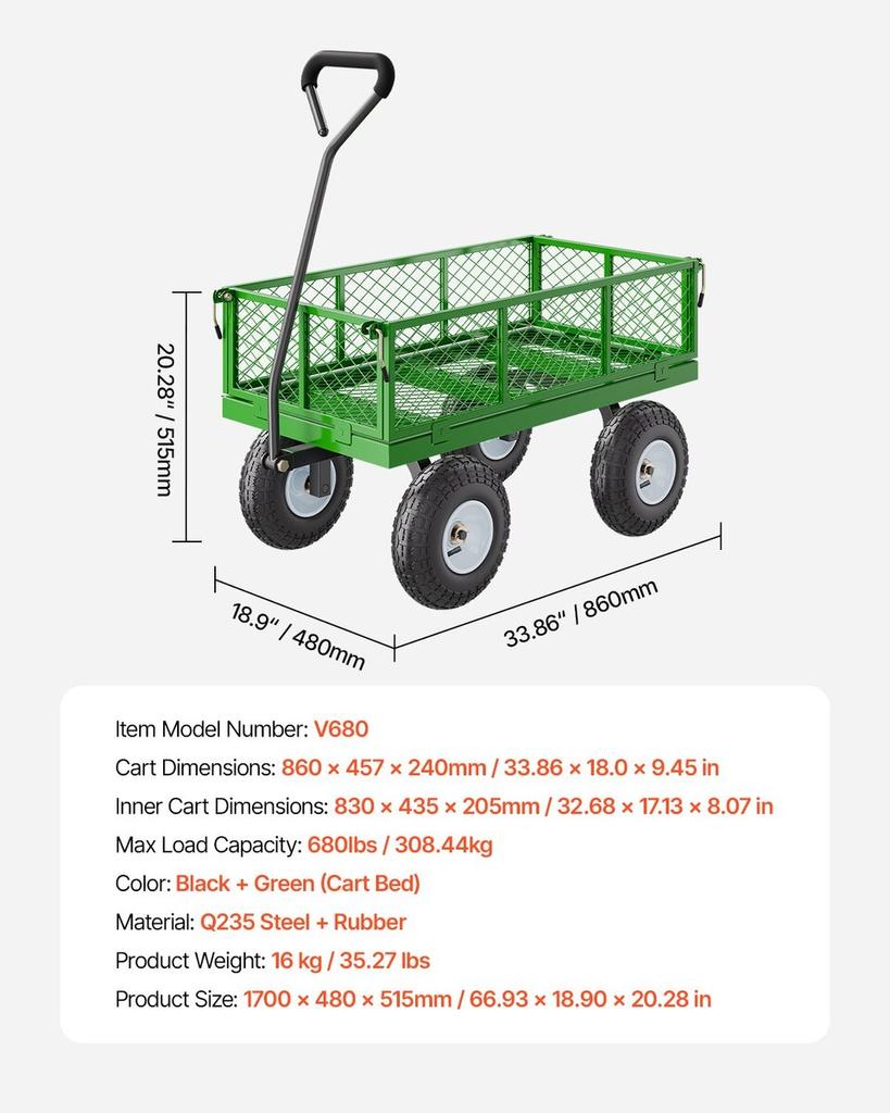 Steel Garden Cart 680lb Capacity Heavy Duty Yard Wagon Cart 10in Tires