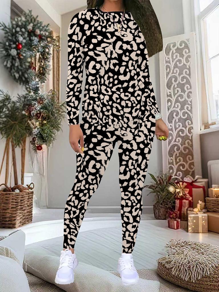 Women's  Leopard Print Print 2-Piece Outfit: Long Sleeve Crew Neck Top & Pants, Holiday Limited Casual Party Gift Suit
