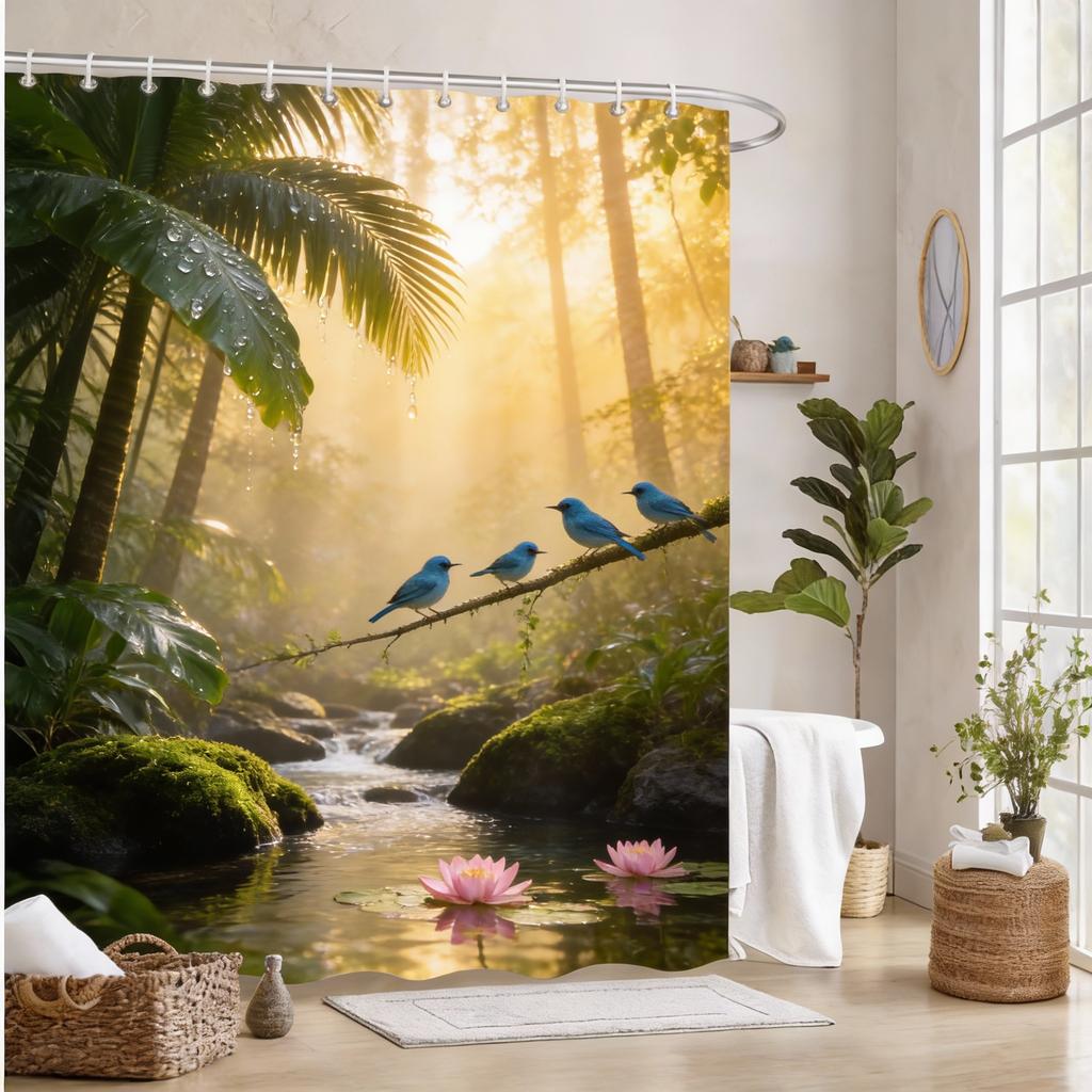 Tropical Paradise Bath Curtain - Lush Palm Trees & Crystal Waterfall, Waterproof Home Decor Adds Exotic Beauty To Your Bathroom