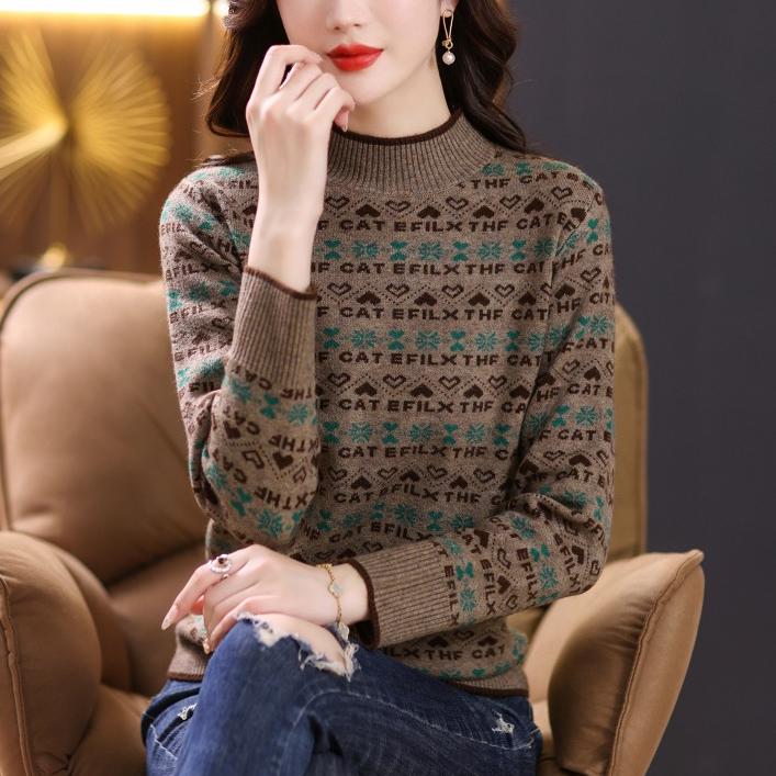 Women's Sweater Autumn and Winter Jacquard Casual Pullover Long-sleeved Loose Half Turtleneck Knitted Sweater