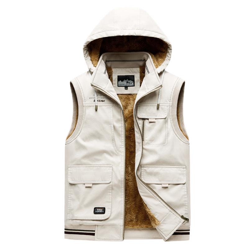 Men's Casual Fleece-Lined Cotton Vest with Shawl Collar & Multi-Pocket Design
