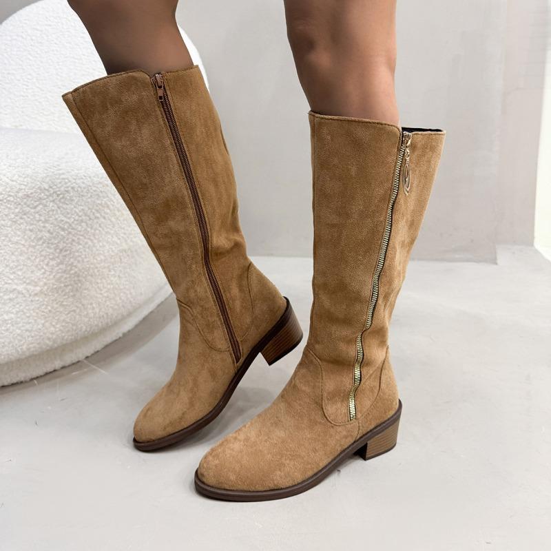 Suede high tube suede thick heel knight boots women's winter new large size pointed side zipper fashion boots