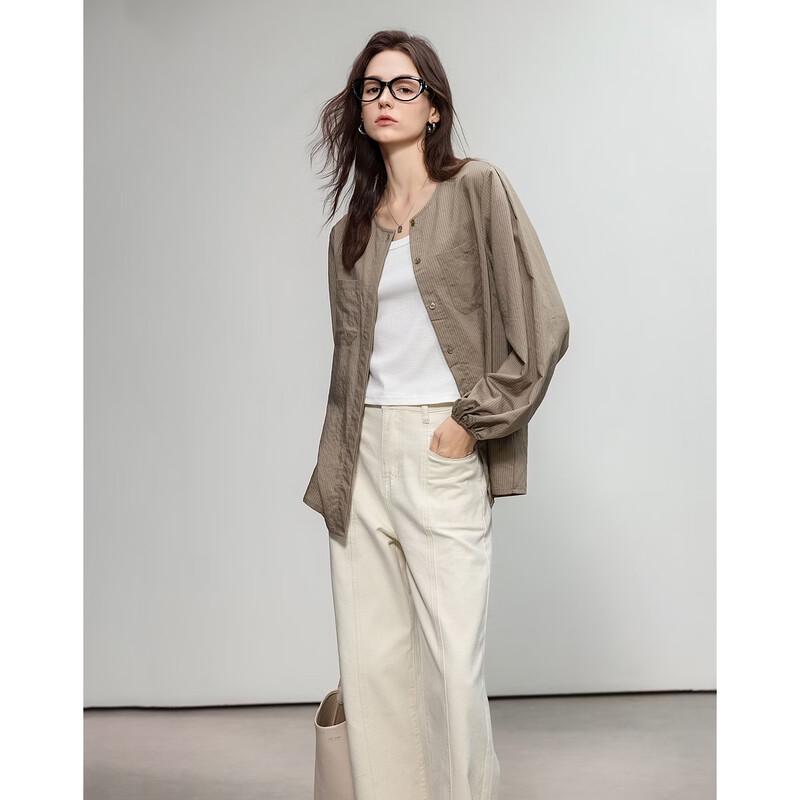 Demana Round Neck Khaki Striped Long Sleeve Shirt M