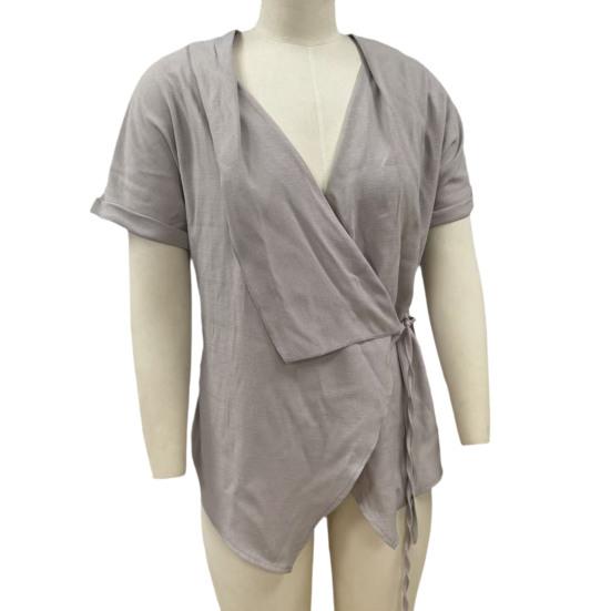 Women Tops V Neck Short Sleeve Pure Color Shirt with Side Tie Irregular Loose Fit Tee Shirt Summer Daily Wear