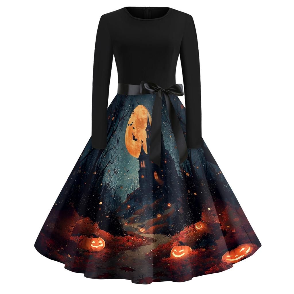 Women's Casual Fashion Halloween Print Round Neck Vintage Style Dress Long Sleeve Fit and Flare Midi Dress with Waist Tie for Seasonal Wear