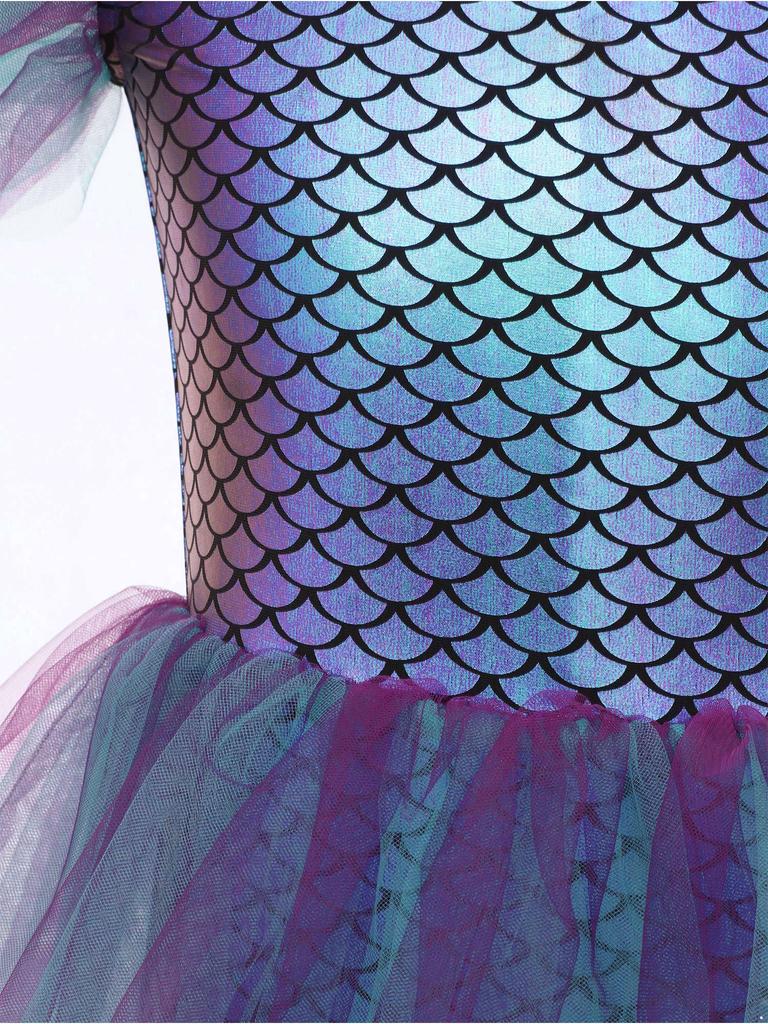 Girls Ballerina Tutu Dress One Shoulder Sleeveless Mermaid Fish Scales Print Camisole Leotard Halloween Dance Costume