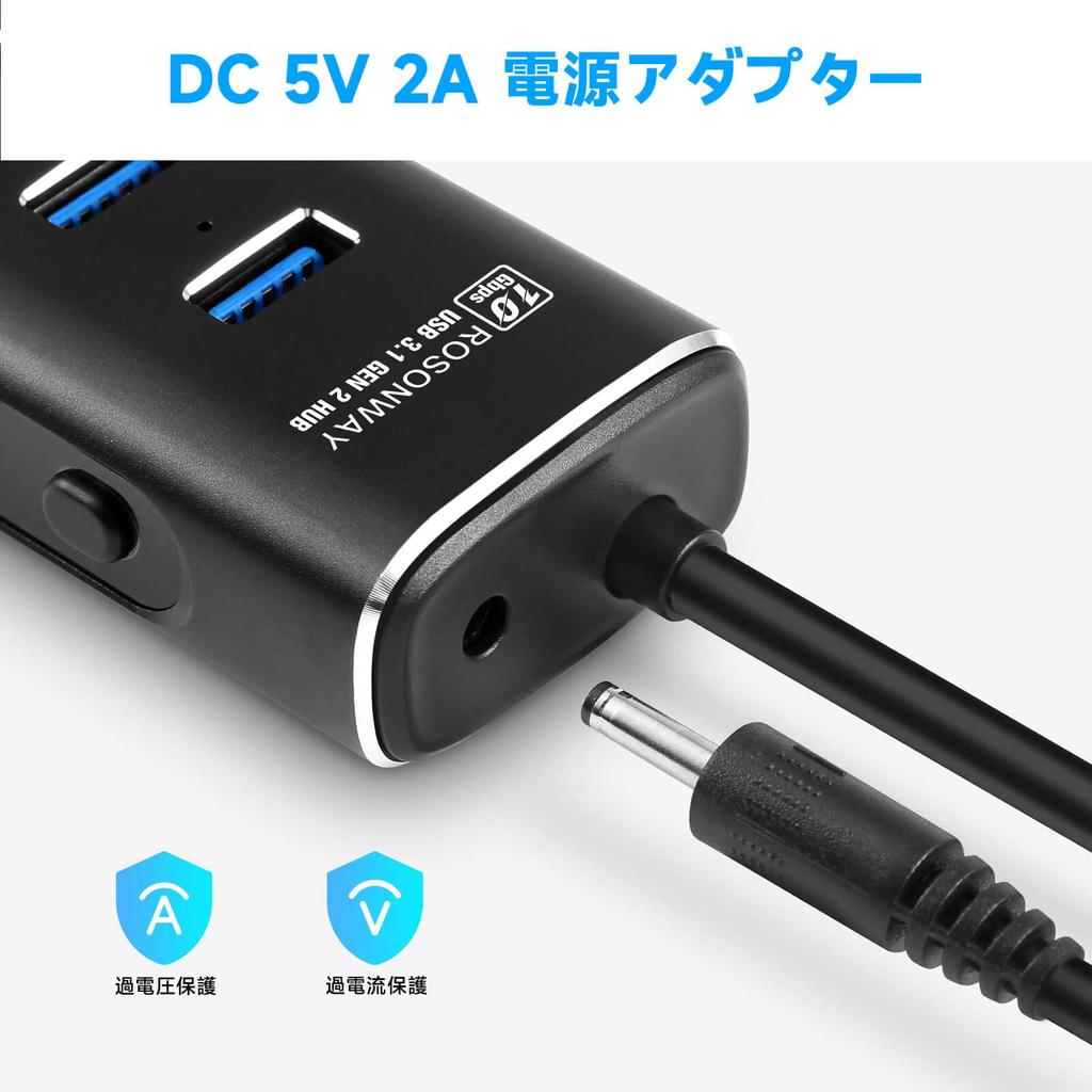 ROSONWAY USB Hub Gen 2 with Power 4 100cm Cable Bus Powered Self 5V AC Independent Switches 3.1 Supply, 10Gbps, Aluminum, Ports, Included, & Powered,