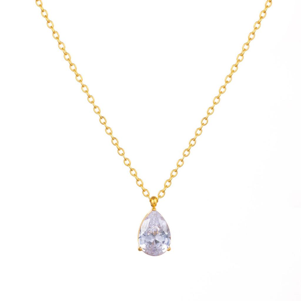 1pc Fashion Jewelry 18K Gold Plated Chain WaterDrop Diamond Pendant Necklace Stainless Steel 12 Months Birthstone Necklace