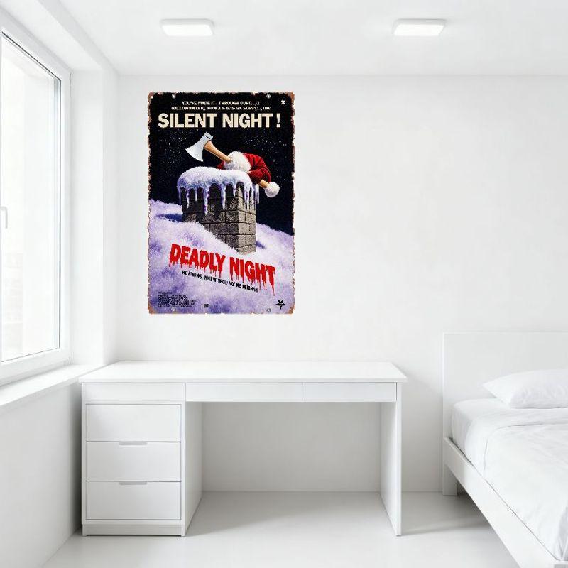 Vintage 'Deadly Night' Horror Movie Metal Tin Sign - Santa with Axe, Snowy Chimney, Festive Horror Decor for Home, Bar, Man Cave