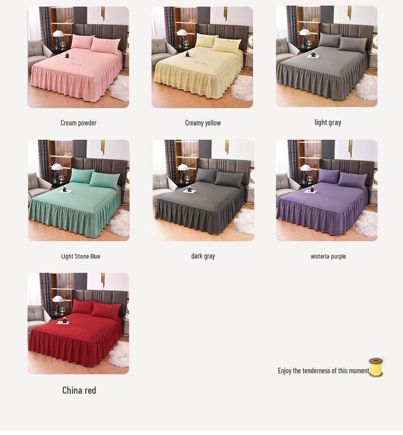 Solid Color Washed Cotton Lace Bed Skirt Mattress Protector