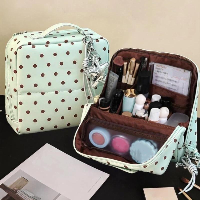 Polka Dot Pu Leather Cosmetic Bag Large Capacity Multi Compartments For Daily Travel Makeup Skincare Storage