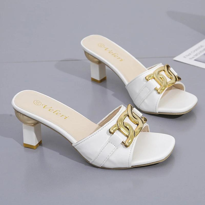 Summer Women's Slippers Sandals Shoes Female Golden Metal Chain Ladies Fashion Casual Slides Mules  Indoor Zapato Mujer