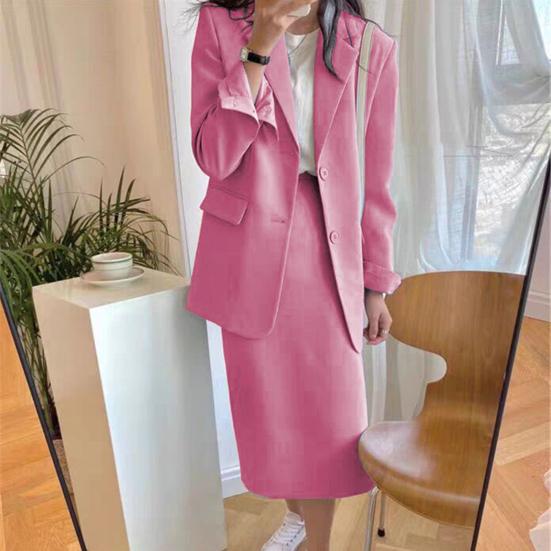 2Pcs/Set Women Suit Set Lapel Long Sleeve Flap Pockets Suit Coat High Waist Midi Skirt Set Solid Color Office Lady Suit Workwear