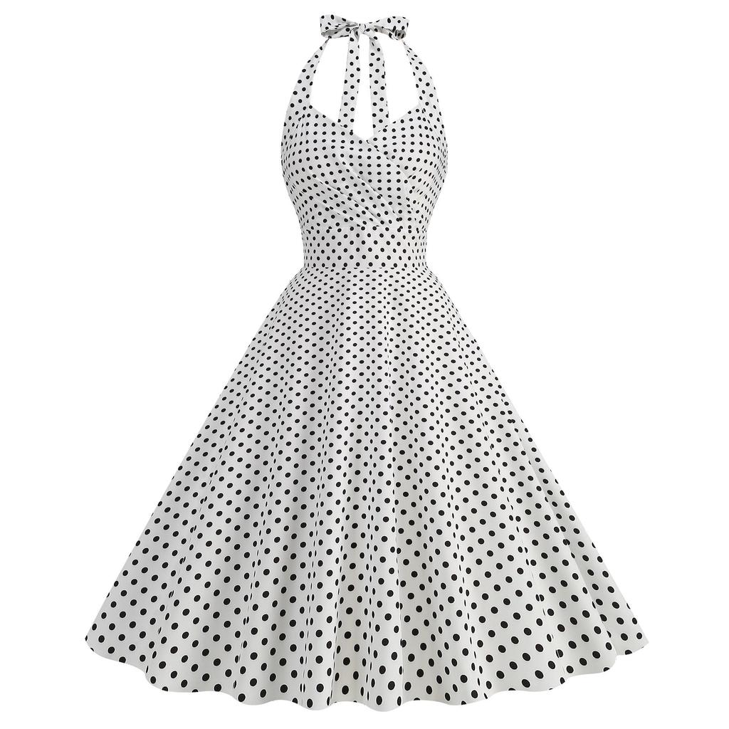 2023 Hot-Selling Barbie Pink Polka Dot Halterneck Ruched Swing Dress