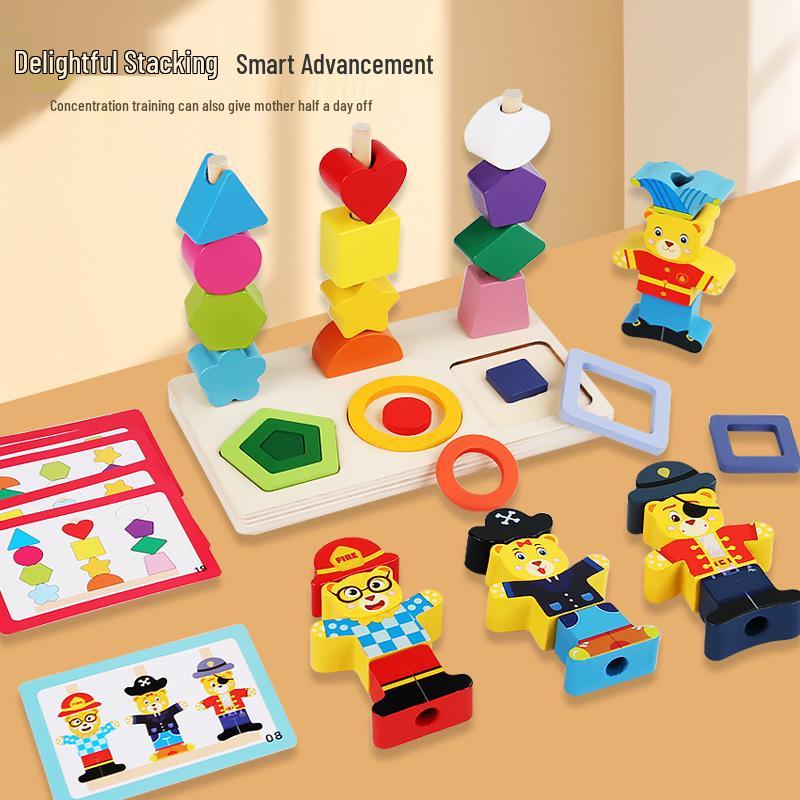 Montessori Toddler Wooden Bear Stacking Rings for Shape Recognition and Concentration Training