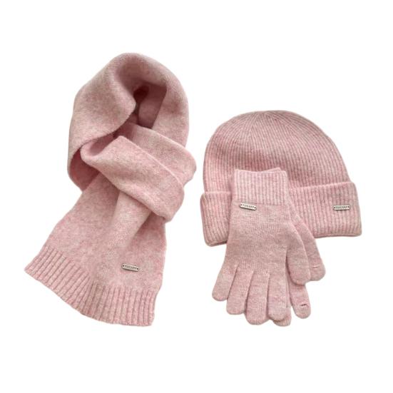 3Pcs/Set Women Hat Scarf Gloves Set Solid Color Ribbed Trim Brimless Hat Long Scarf Warm Gloves Set Winter Accessories