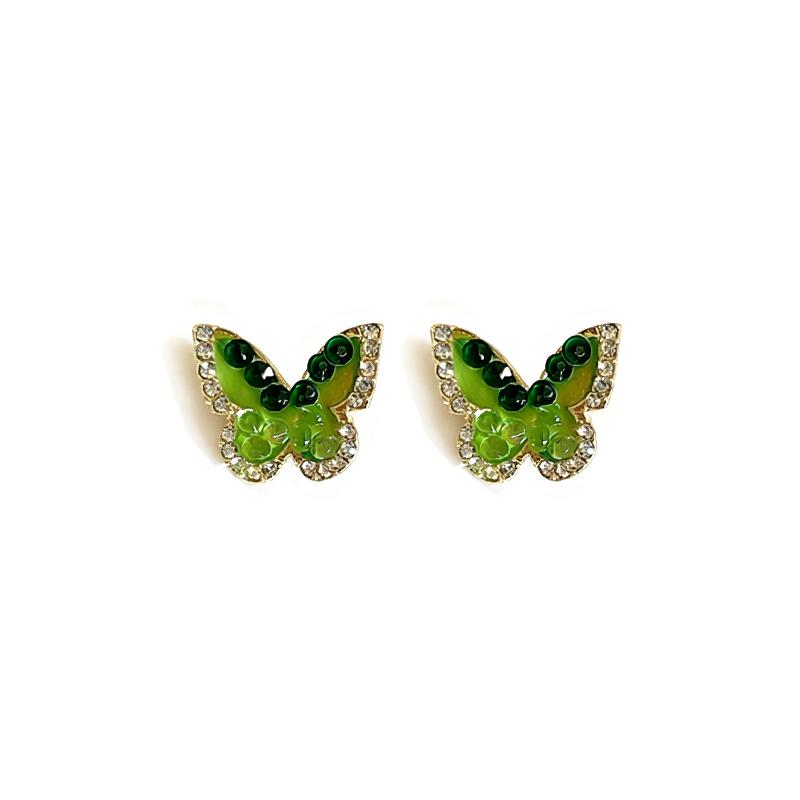 Gradient Color Green Crystal Stone Edged Butterfly Stud Earrings Fashion High-End Versatile Trendy Ear Jewelry