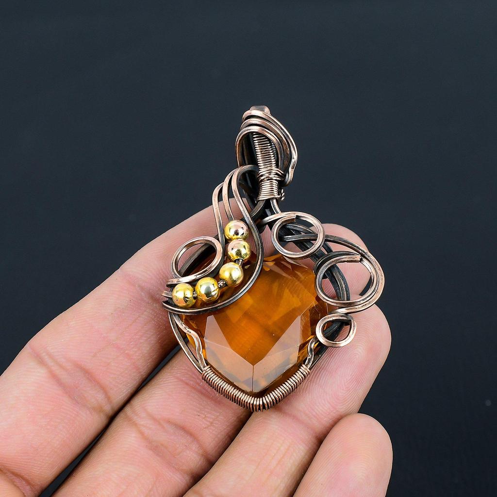 Citrine Gemstone Handmade Pure Copper Wire Wrapped Pendant Jewelry For Memorial Day