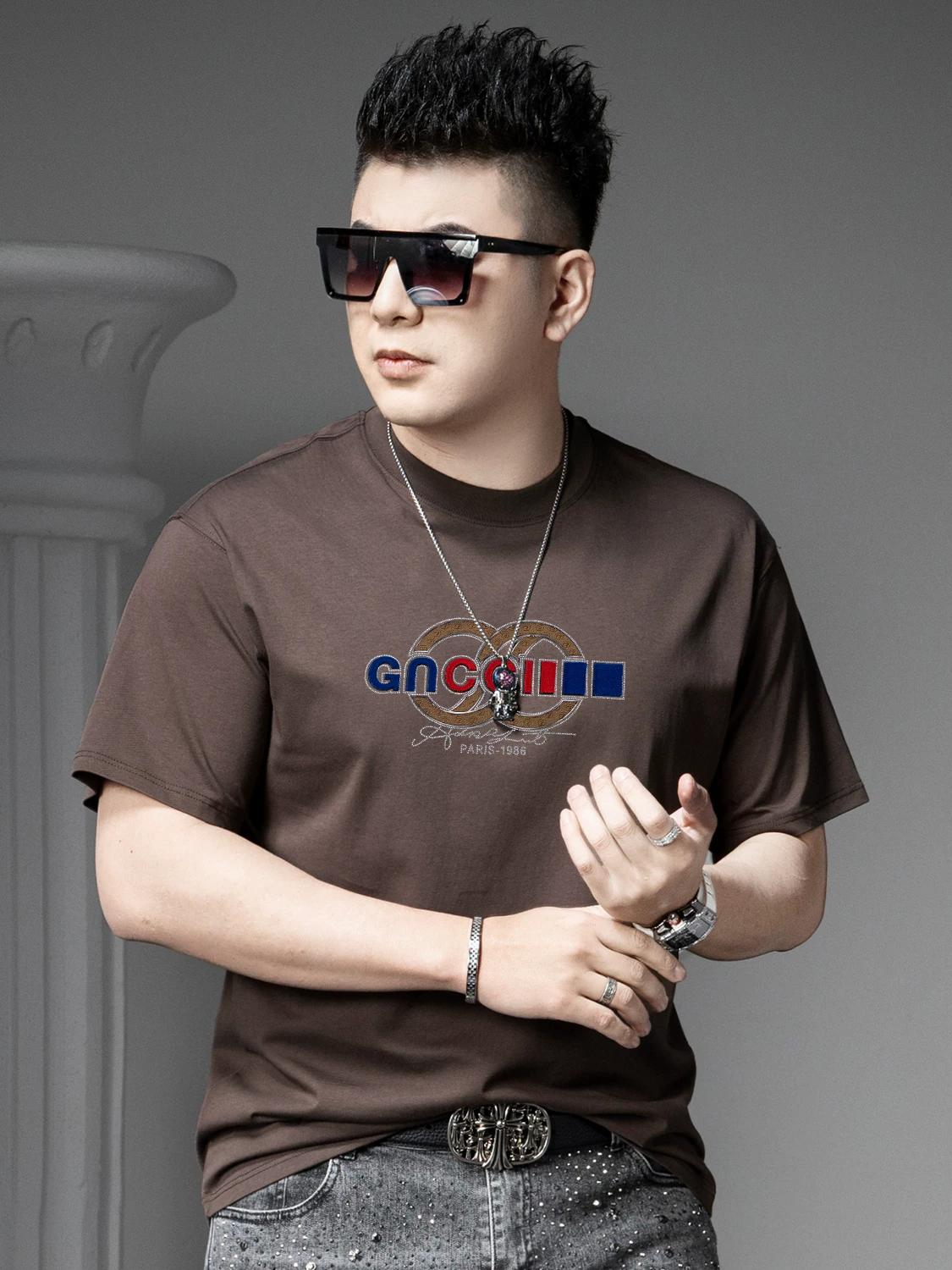 

Ozhouzhan Letters Print Hot Drilling Short sleeve T-shirt Men 2025 New Fashion Brand Half Sleeve T-shirt Summer Casual Top L белый