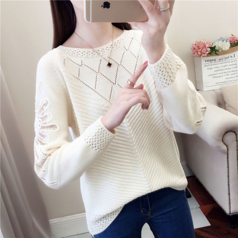 Temperament Spring Autumn New Sweaters Women's O-Neck Lace Embroidered Hollow Out Fashion Long Sleeve Pullovers Knitted Tops