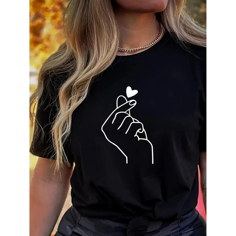 Bonita Camiseta Con Cuello Redondo Liso Y Estampado, Manga C S