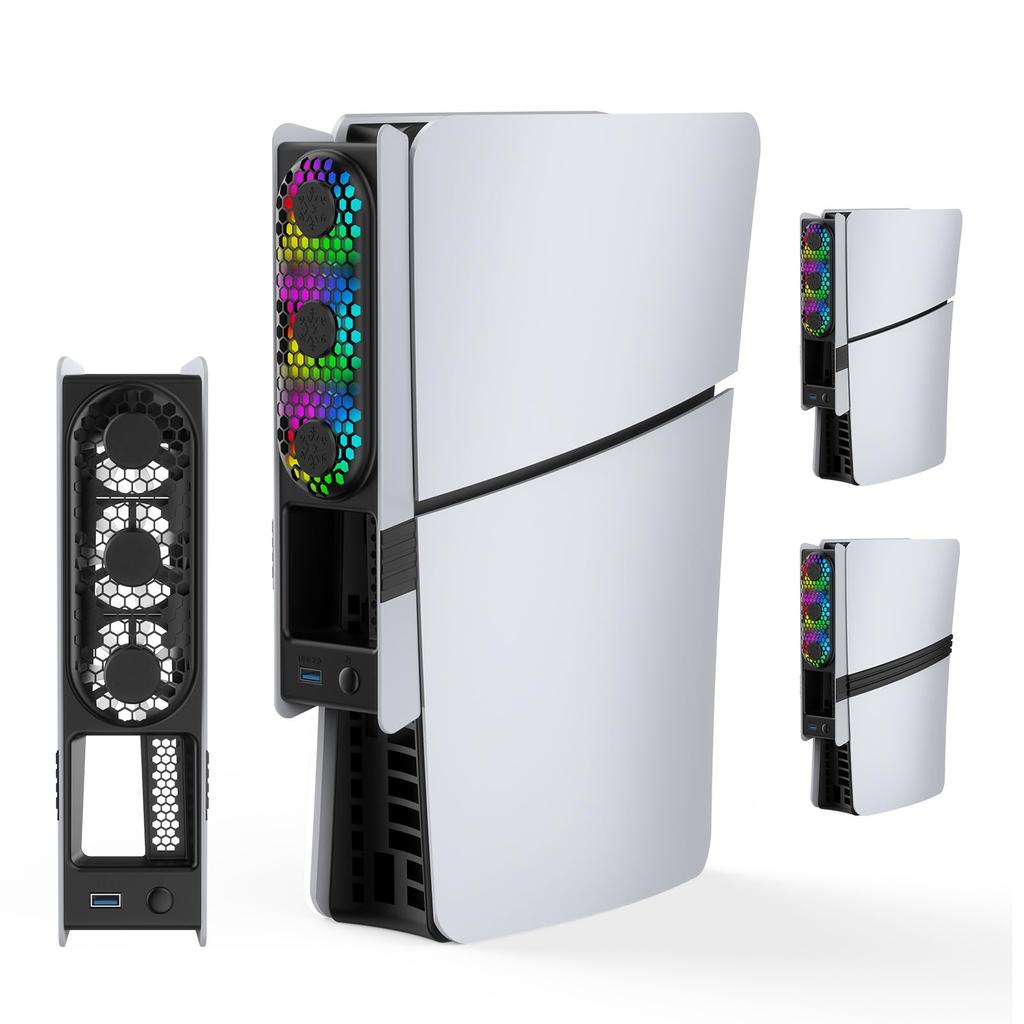 Ventilator de Răcire XBERSTAR PS5 Pro pentru Controller PS5 Pro/PS5 Slim, Stand cu Ventilator de Răcire, Ventilator Spate cu Lumini Colorate RGB, Accesorii de Răcire