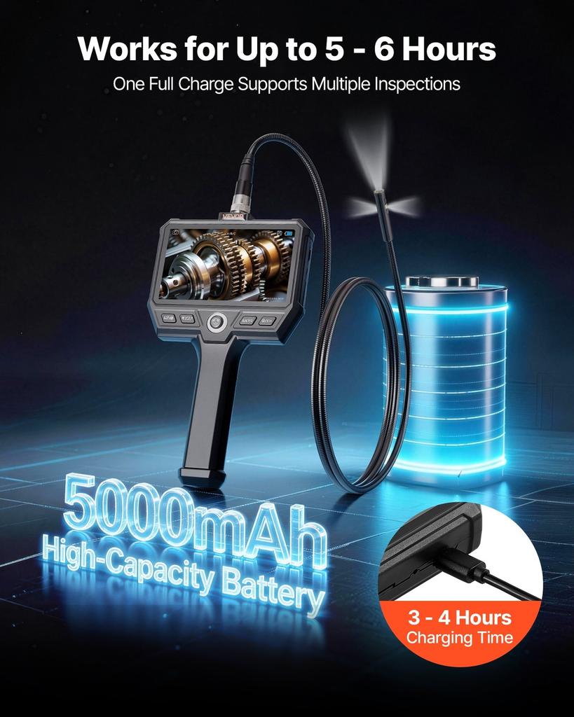 Triple Lens Endoscope with Light, 5" HD IPS Screen Industrial Borescope Camera, 8 + 2 LED Lights, 8X Zoom, 5000mAh, IP67 Waterproof Inspection Snake