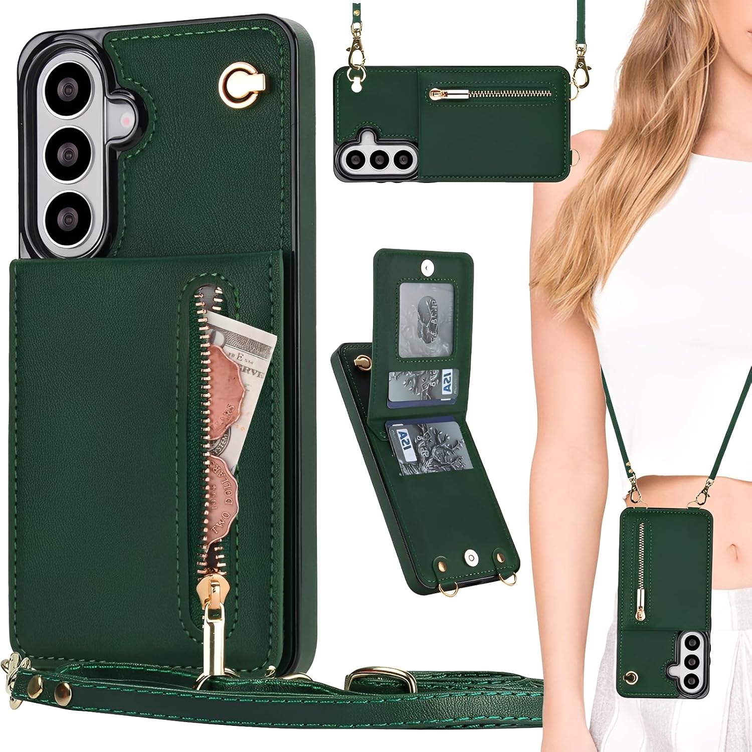 

Crossbody wallet case for Samsung Galaxy S25 Ultra with zippered pocket and PU leather lanyard зелёный