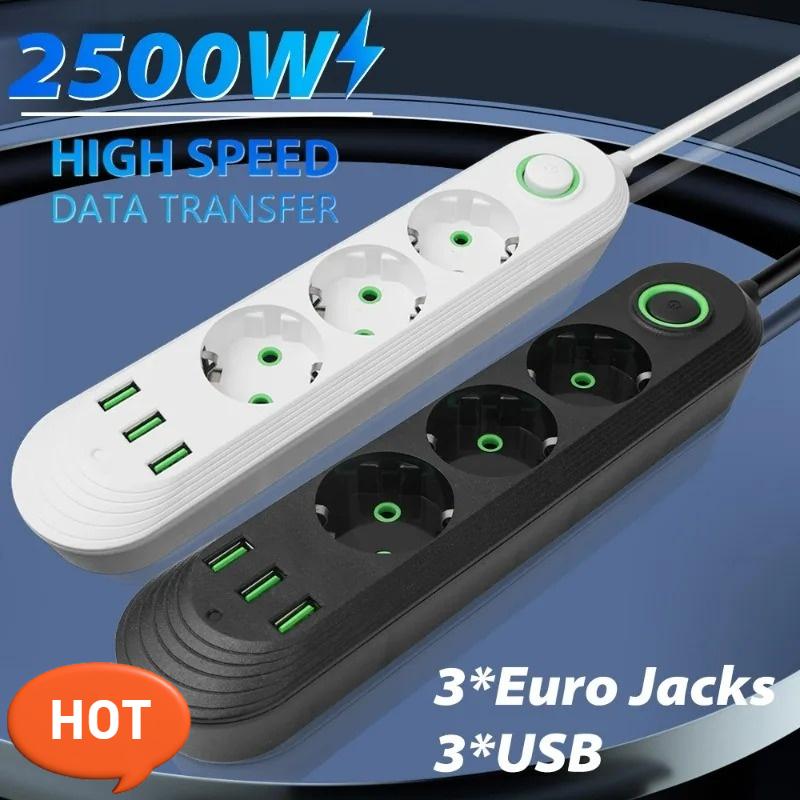 2M Cable EU Plug Socket Network Filter Round Pin AC Outlet Electrical Charge Adapter Power Strip with 3 USB Ports Extension Cord