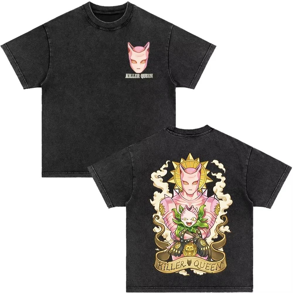 Japonské anime Jojo Bizarre Adventure Vintage prané tričko Killer Queen grafická trička Pánské Dámské Cosplay Nadměrné tričko
