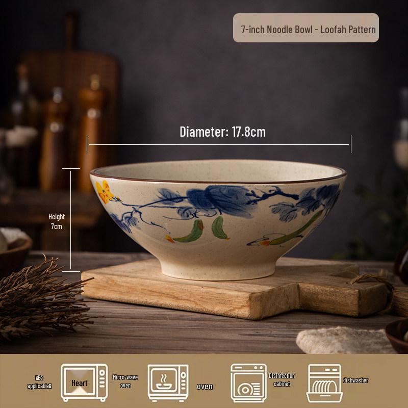 Large Chinese Retro Ceramic Ramen Bowl Set - Creative Home Tableware with Conical Hat Design