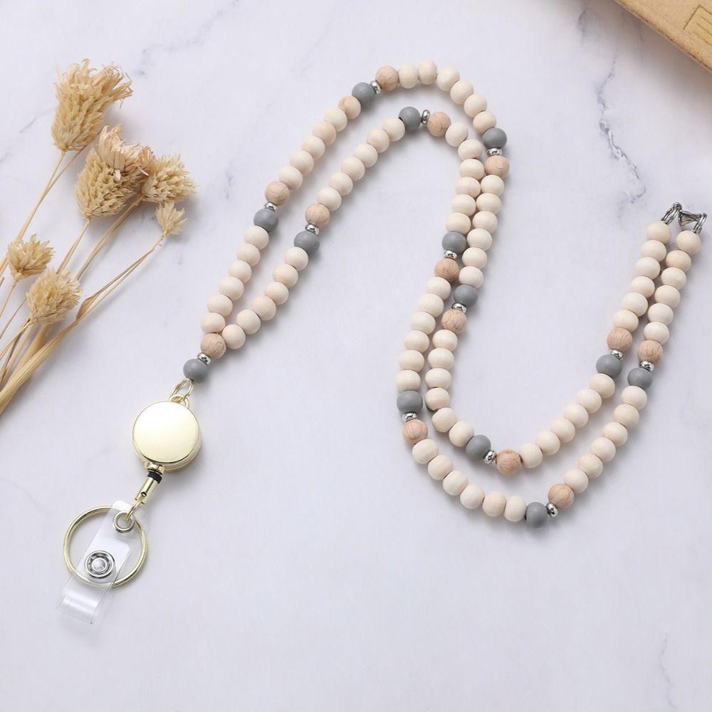 Retractable ID Badge Holder Lanyard Natural Wood Bead Bead Teacher Lanyard  School Use