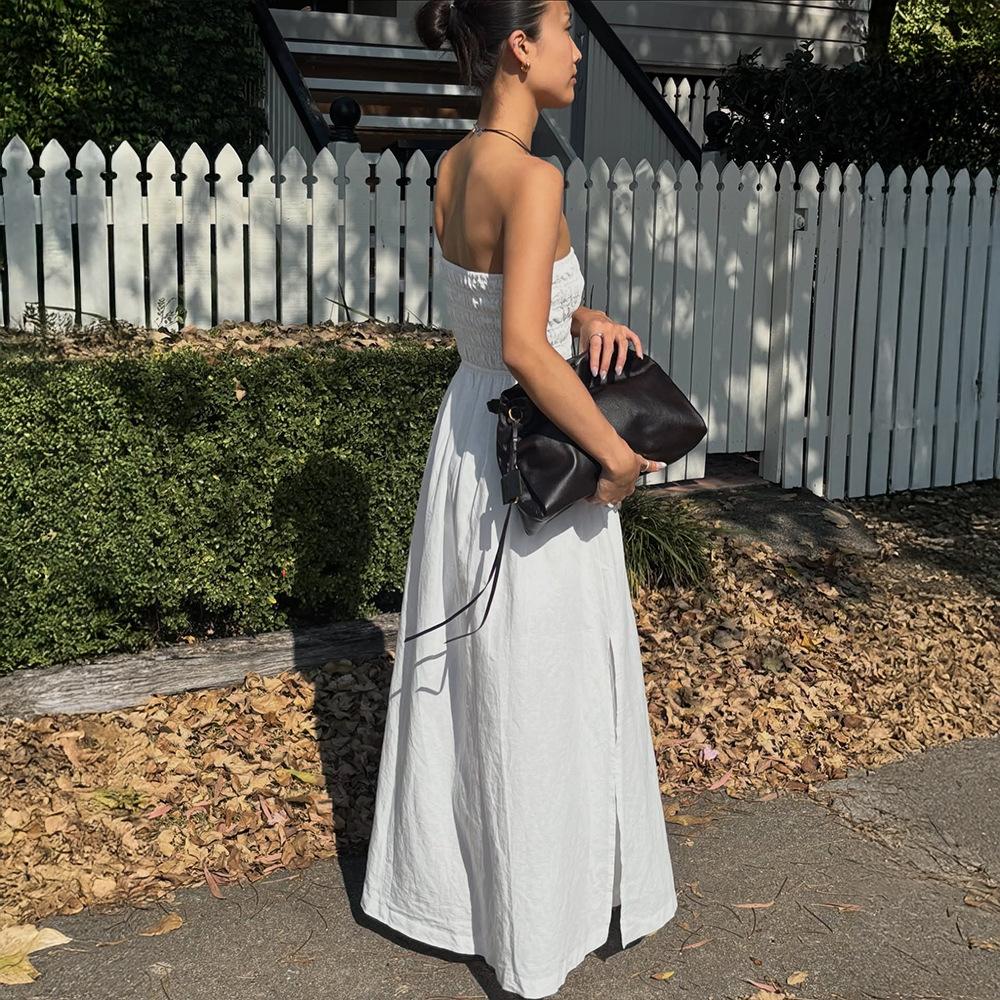 tube top dress European and American summer new holiday off-the-shoulder pleated high-waisted long dress