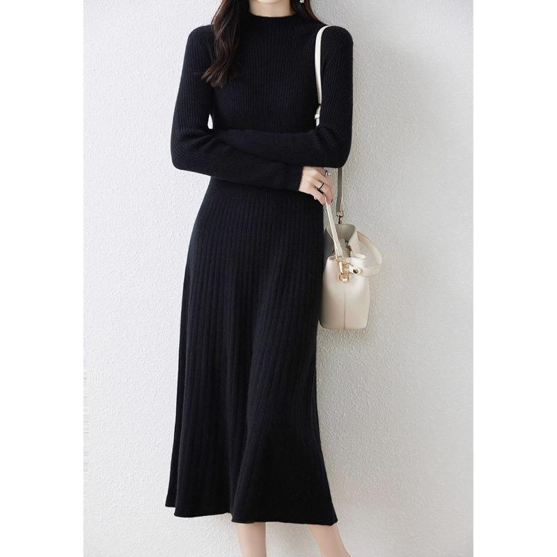 Semi-turtleneck Solid-color Sweater Skirt Femininity Elegant Style Slim-fitting Autumn and Winter Knee-length Bottoming Knitted Dress