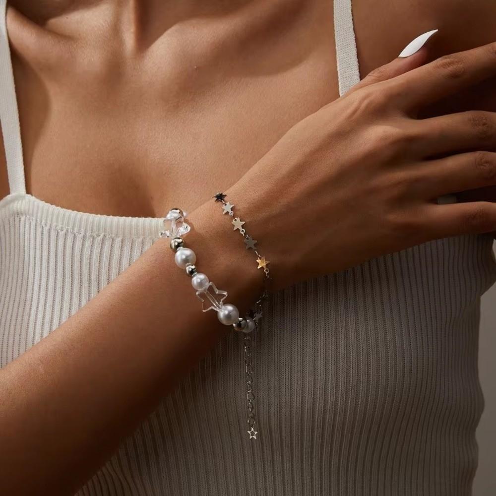 

Pearl Beaded Double Layer Chain Bracelet Vintage Double Layer Star Bracelets For Women 1pcs