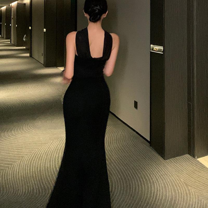 Pure Desire One-word Shoulder Tube Top Dress Long Dress Women's Summer Mesh Stitching Waist Thin Fishtail Dress