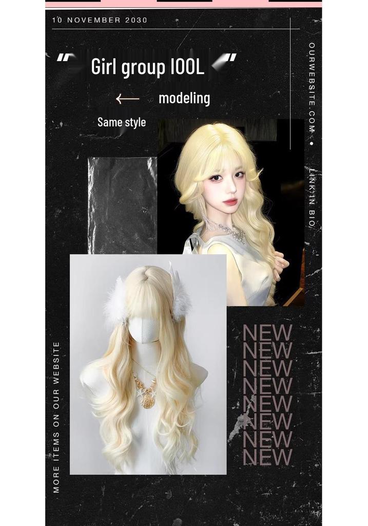 Milky White Gold Long Curly Wig with Bangs – Big Waves, Sweet Lolita Style for Daily Wear